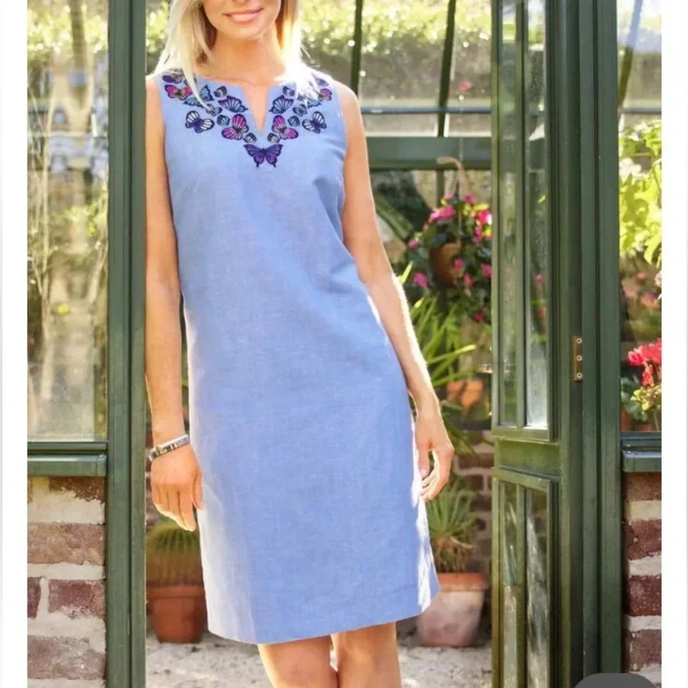 NWT Talbots Embroidered Butterfly Linen Blend Shift Dress Plus Size 22W Blue - Picture 2 of 10